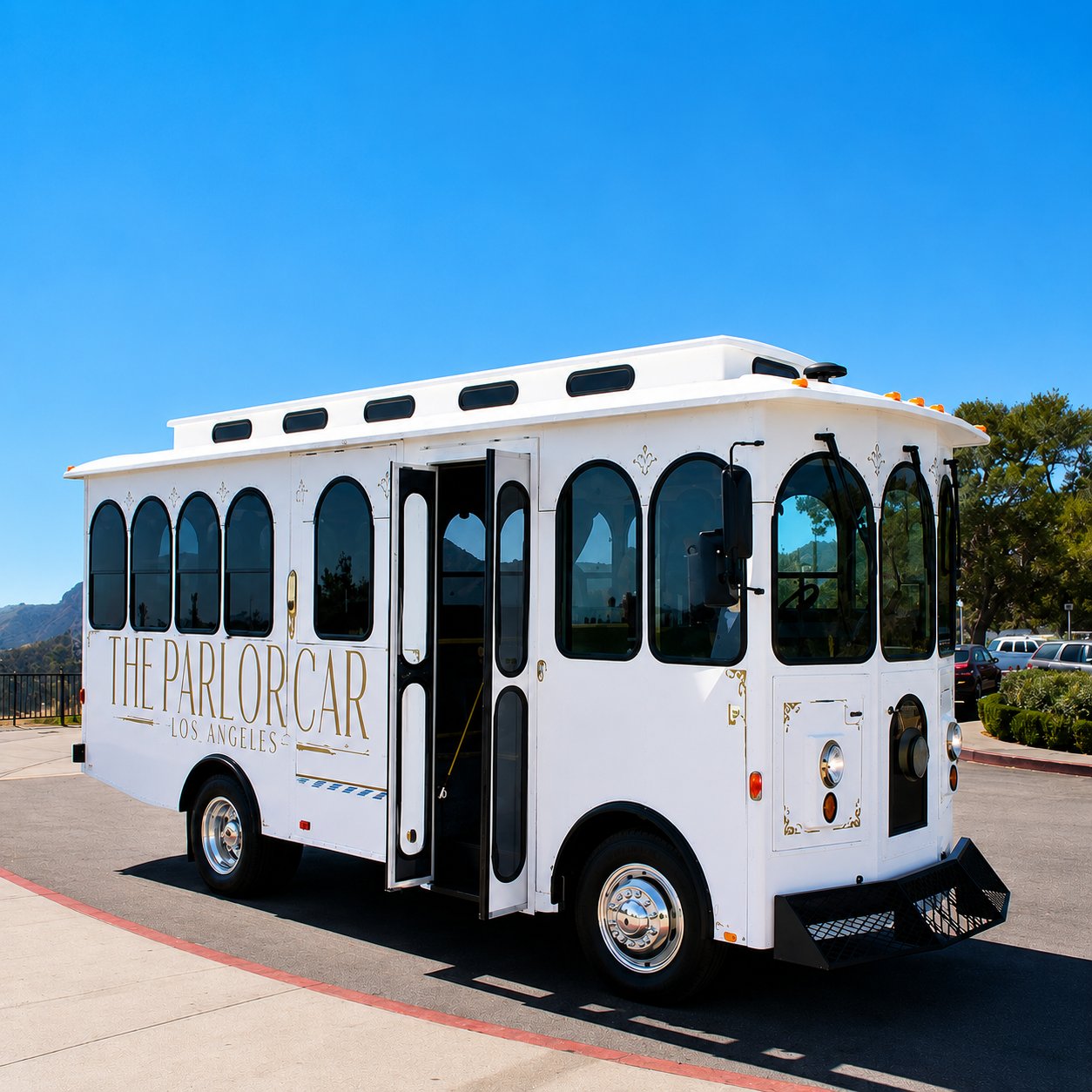 The Parlor Car trolley parked under a clear Southern California sky
