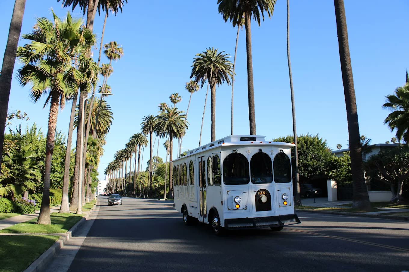 The Parlor Car trolley driving down a palm-lined Beverly Hills street
