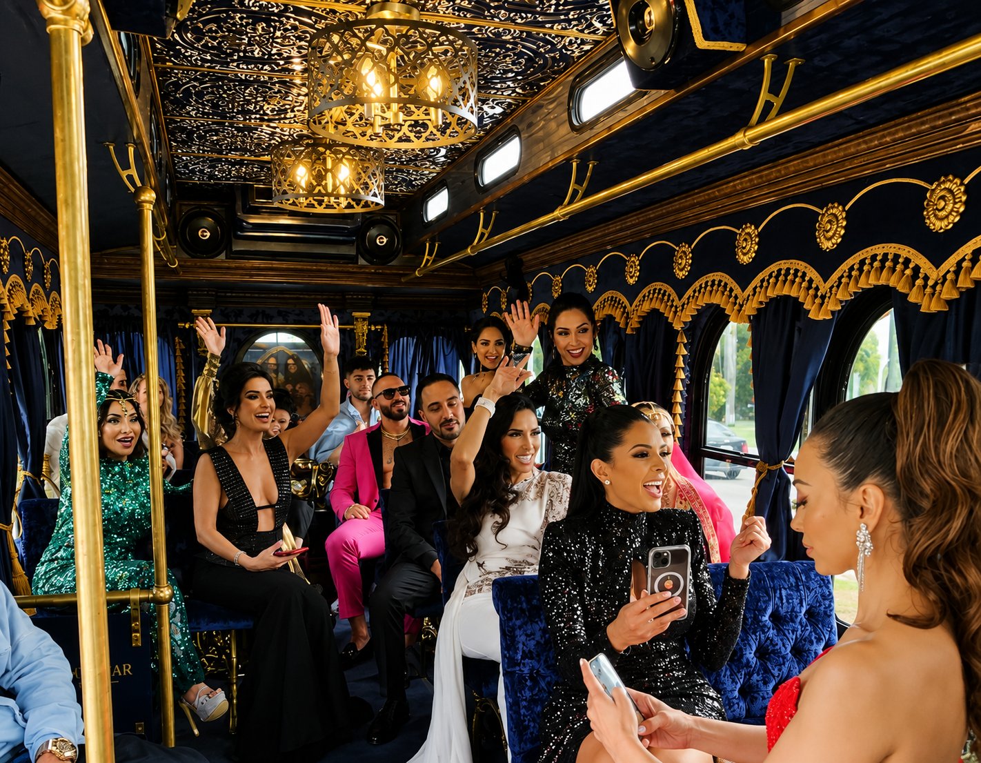 Premiere guests celebrating inside The Parlor Car trolley in Los Angeles