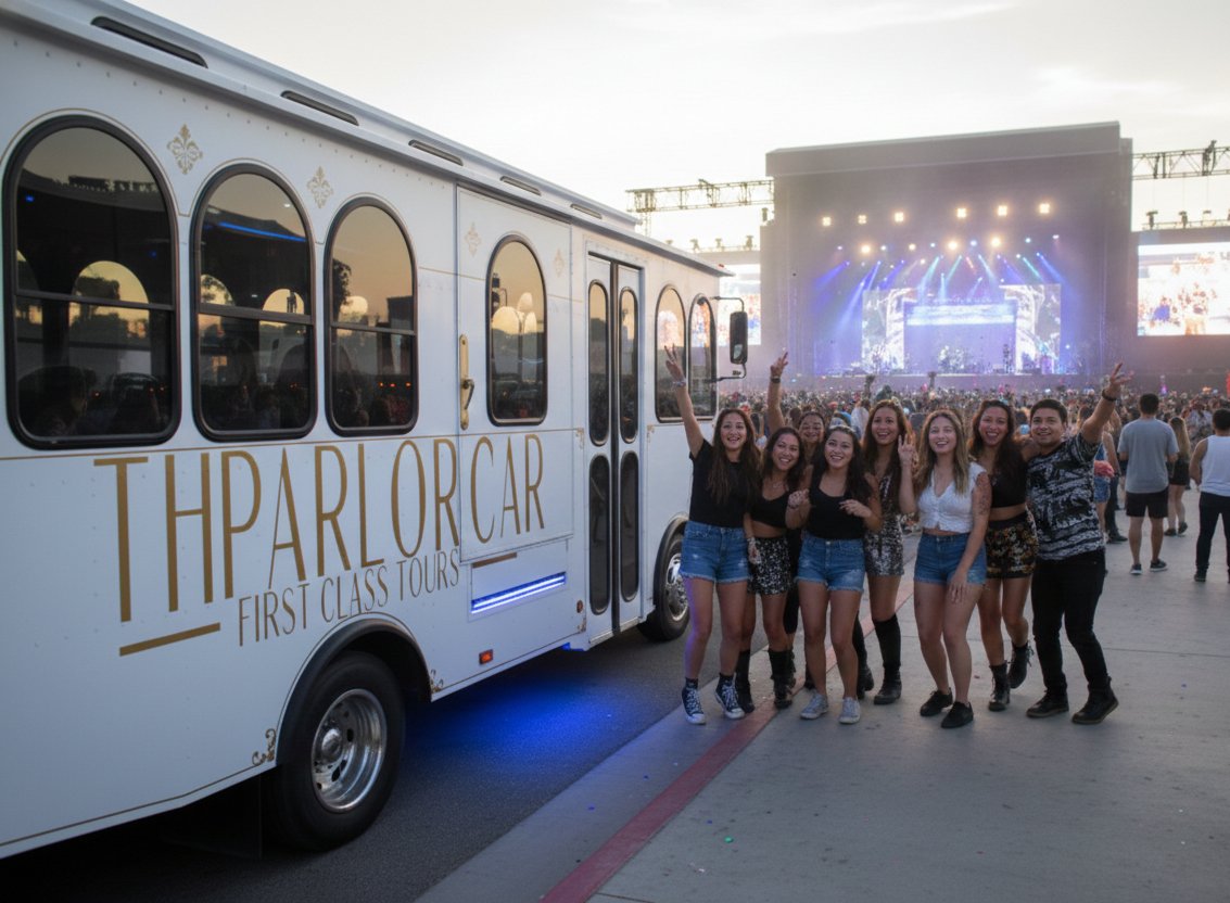Friends posing beside The Parlor Car trolley at a concert