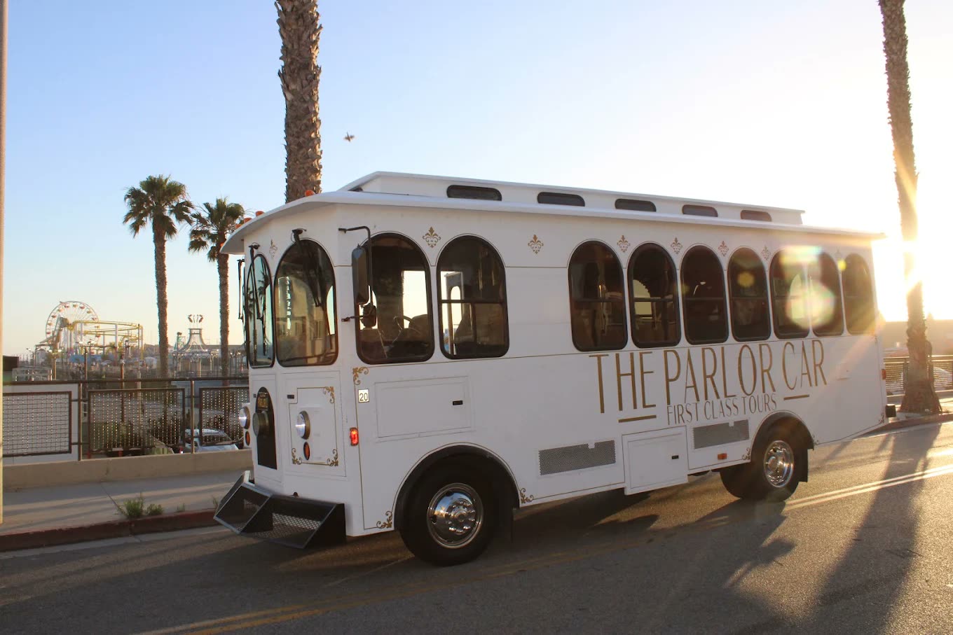 The Parlor Car trolley by Santa Monica Pier at sunset
